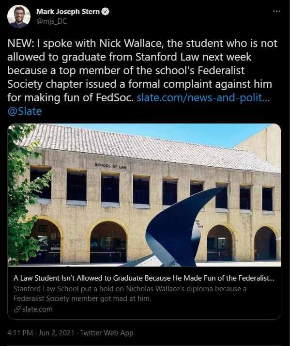 NEW spoke with Nick Wallace the student who is not ENGNTTe R oo Yo VEIRifeli N e 1y o e NIE W T A QTETTS because a top member of the schools Federalist Nelal R ET CIGESTEt R el g EIR e Tol ETI T ETT S g0 for making fun of FedSoc