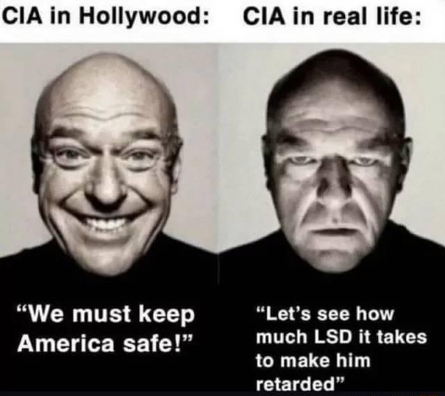 CIA in Hollywood B N TTE T America safe CIAin real life Lets see how much LSD it takes to make him retarded