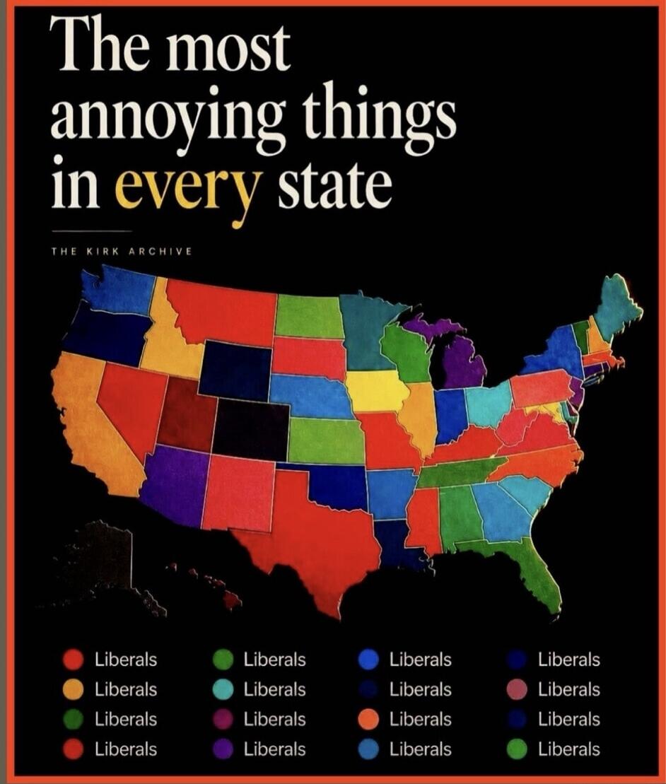 The most annoying things in every state. THE KIRK ARCHIVE. (Map legend: all colors indicate 'Liberals')