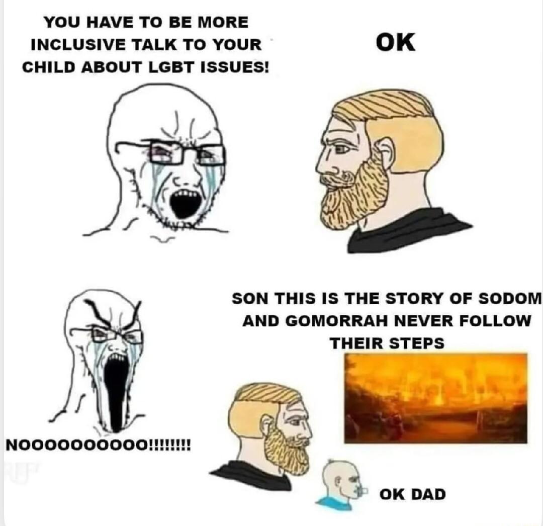 YOU HAVE TO BE MORE INCLUSIVE TALK TO YOUR oK CHILD ABOUT LGBT ISSUES SON THIS IS THE STORY OF SODOM AND GOMORRAH NEVER FOLLOW THEIR STEPS