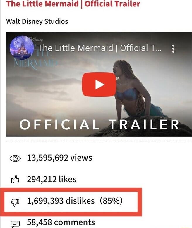 The Little Mermaid Official Trailer Walt Disney Studios OFFICIAL TRAILER 13595692 views o5 294212 likes 0 1699393 dislikes 85 58458 comments