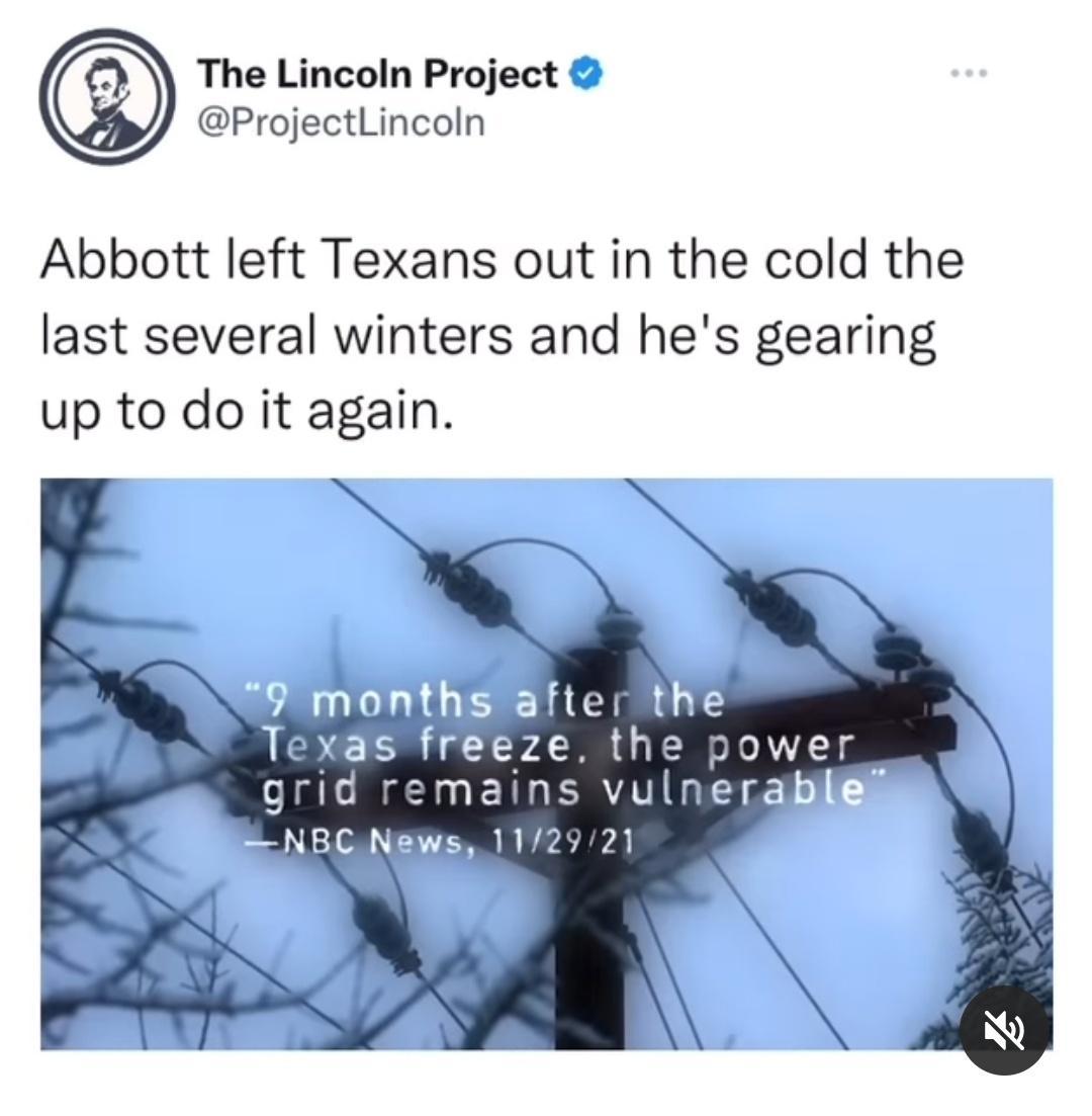 The Lincoln Project ProjectLincoln Abbott left Texans out in the cold the last several winters and hes gearing up to do it again