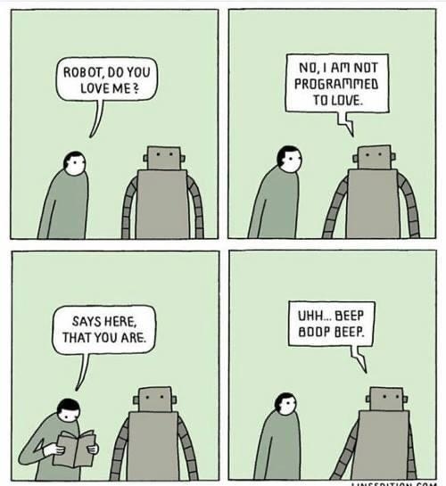 NO AM NOT PROGRAMMED T0 LOVE ROBOT DO YOU LOVEME UHH BEEP BODP BEEP SAYS HERE THAT YOU ARE