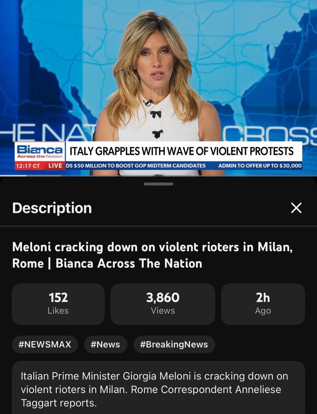 ITALY GRAPPLES WITH WAVE OF VIOLENT PROTESTS. DS $50 MILLION TO BOOST GOP MIDTERM CANDIDATES ADMIN TO OFFER UP TO $30,000. Meloni cracking down on violent rioters in Milan, Rome | Bianca Across The Nation. Italian Prime Minister Giorgia Meloni is cracking down on violent rioters in Milan. Rome Correspondent Anneliese Taggart reports.