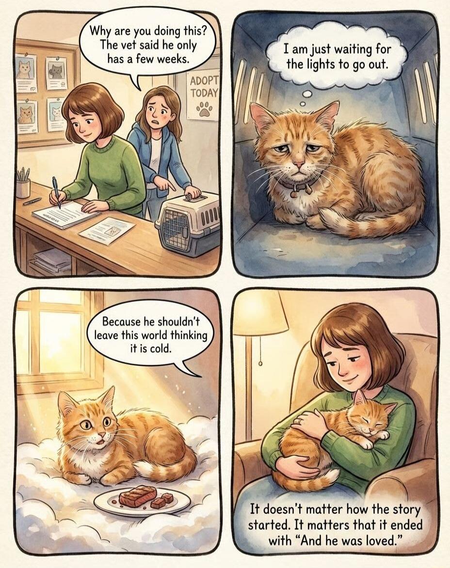 Panel 1: “Why are you doing this? The vet said he only has a few weeks.” Panel 2: “I am just waiting for the lights to go out.” Panel 3: “Because he shouldn’t leave this world thinking it is cold.” Panel 4: “It doesn’t matter how the story started. It matters that it ended with ‘And he was loved’.”