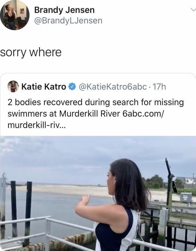 Brandy Jensen BrandyLJensen sorry where Katie Katro KatieKatroBabc 17h 2 bodies recovered during search for missing swimmers at Murderkill River 6abccom murderkill riv