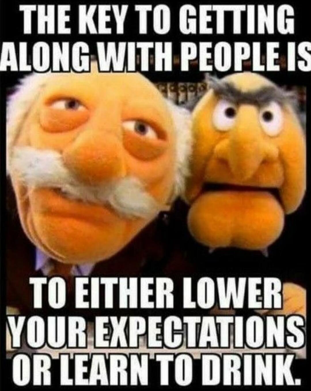 THE KEY TO GETTING ALONG WITH PEOPLE IS TO EITHER LOWER YOUR EXPECTATIONS OR LEARN TO DRINK.