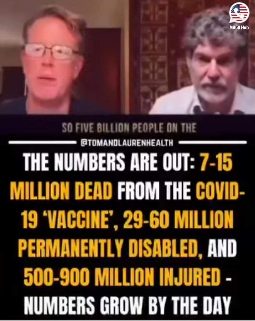 SO FIVE BILLION PEOPLE ON THE @TOMANDLAURENHEALTH THE NUMBERS ARE OUT: 7-15 MILLION DEAD FROM THE COVID-19 'VACCINE', 29-60 MILLION PERMANENTLY DISABLED, AND 500-900 MILLION INJURED - NUMBERS GROW BY THE DAY