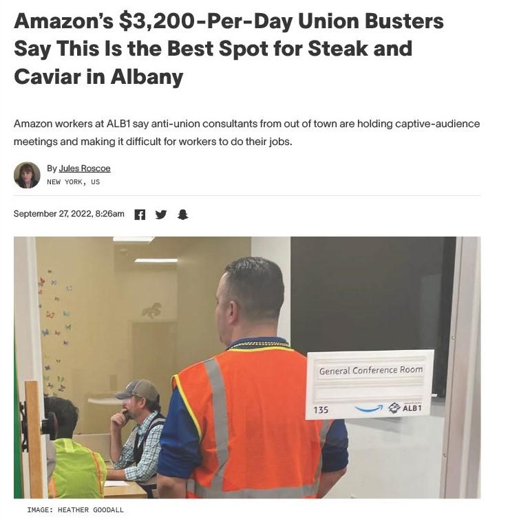 Amazons 3200 Per Day Union Busters Say This Is the Best Spot for Steak and Caviar in Albany Amazon workers t AL sy ant union constaets rom ot f town re hokding captve aucienco moctings and making ificutforworkers 0o thlfob o Seante 02z 0200m 1 W