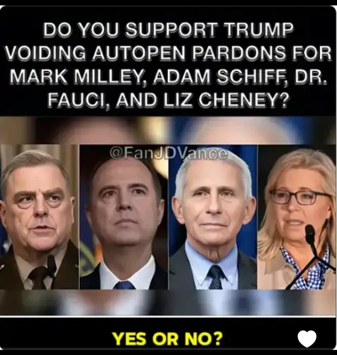 DO YOU SUPPORT TRUMP VOIDING AUTOPEN PARDONS FOR MARK MILLEY, ADAM SCHIFF, DR. FAUCI, AND LIZ CHENEY? YES OR NO?
