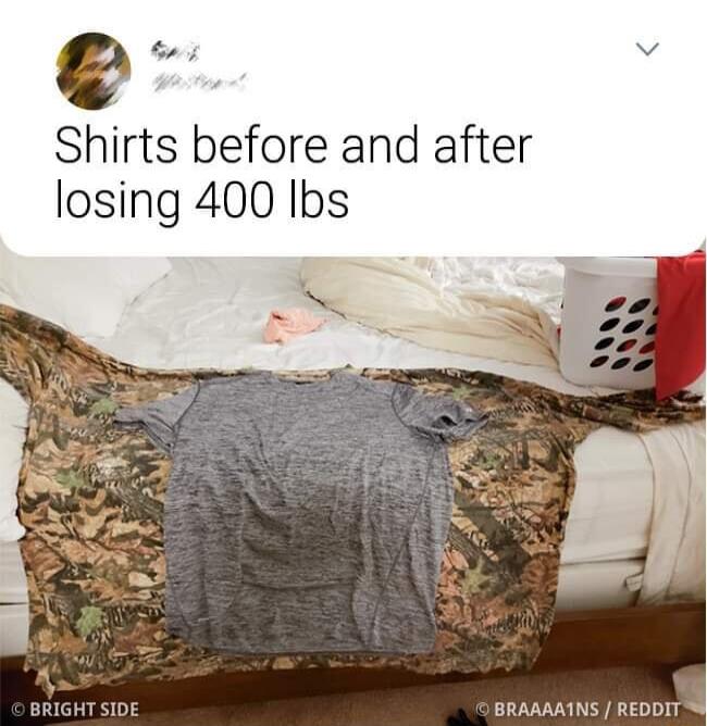 eq v Shirts before and after losing 400 Ibs BRAAAATNS REDDIT