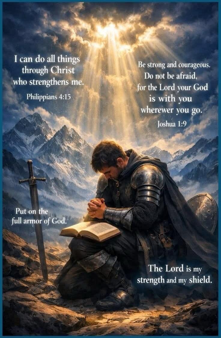 I can do all things through Christ who strengthens me. Philippians 4:15. Be strong and courageous. Do not be afraid, for the Lord your God is with you wherever you go. Joshua 1:9. Put on the full armor of God. The Lord is my strength and my shield.