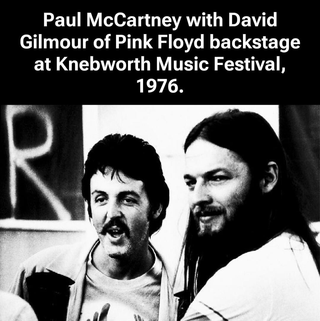 Paul McCartney with David Gilmour of Pink Floyd backstage at Knebworth Music Festival, 1976.