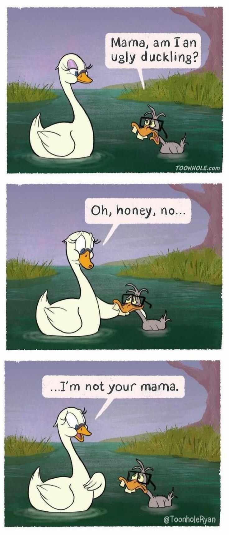 Mama, am I an ugly duckling?
Oh, honey, no...
...I'm not your mama.