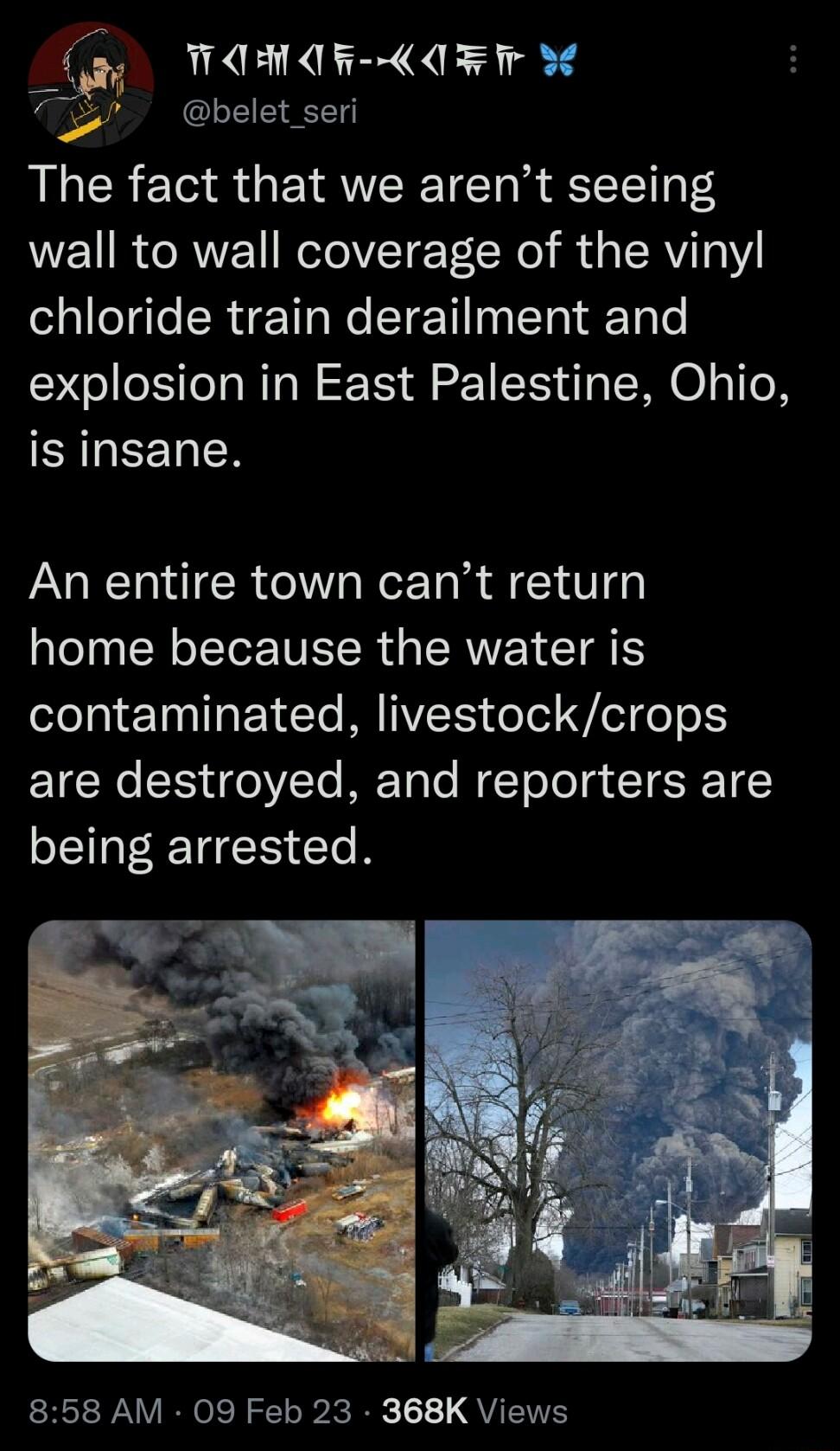 gy MO AR KAFR 5l belet seri The fact that we arent seeing TR RV NToVTe Y R ol R G RV 1Y chloride train derailment and explosion in East Palestine Ohio ERLEELIEN An entire town cant return home because the water is contaminated livestockcrops EICK LT VETe BEETale Yool IR TEY SE TI T R R AV RN E ok B L QUENE