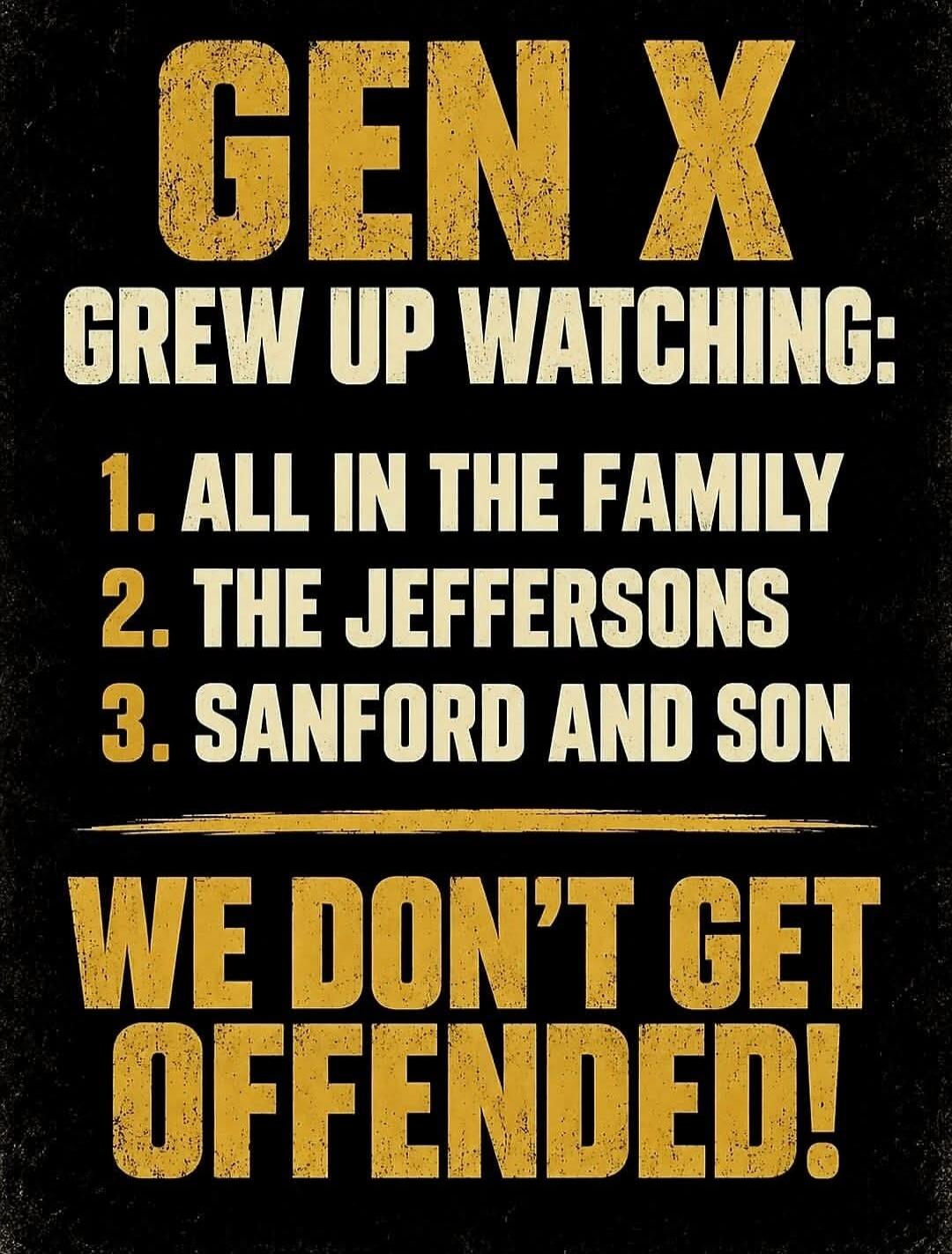 GEN X GREW UP WATCHING: 1. ALL IN THE FAMILY 2. THE JEFFERSONS 3. SANFORD AND SON WE DON'T GET OFFENDED!