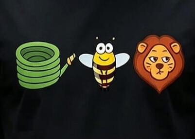 A coiled green hose, a cartoon bee, and a cartoon lion's head are depicted on a black background. This is a visual pun.