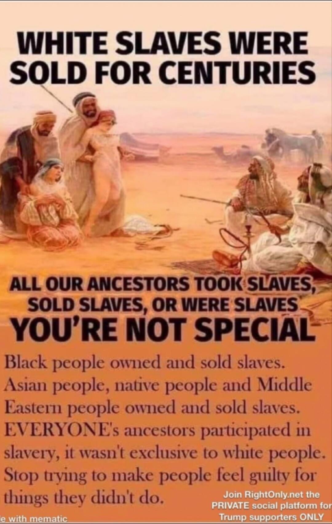 WHITE SLAVES WERE SOLD FOR CENTURIES ALL OUR ANCESTORS TOOK SLAVES, SOLD SLAVES, OR WERE SLAVES YOU'RE NOT SPECIAL Black people owned and sold slaves. Asian people, native people and Middle Eastern people owned and sold slaves. EVERYONE'S ancestors participated in slavery, it wasn't exclusive to white people. Stop trying to make people feel guilty 