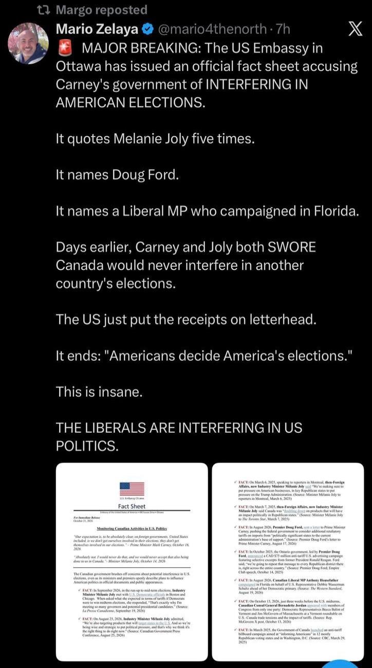 MAJOR BREAKING: The US Embassy in Ottawa has issued an official fact sheet accusing Carney's government of INTERFERING IN AMERICAN ELECTIONS. It quotes Melanie Joly five times and names Doug Ford and a Liberal MP who campaigned in Florida. Days earlier, Carney and Joly both SWORE Canada would never interfere in another country's elections. The US j