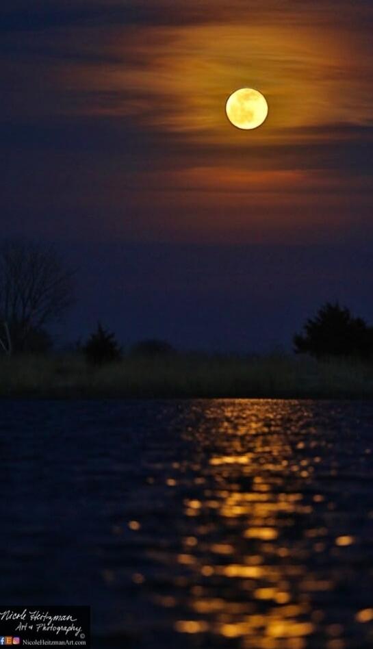 Moon over water with golden reflection on the surface