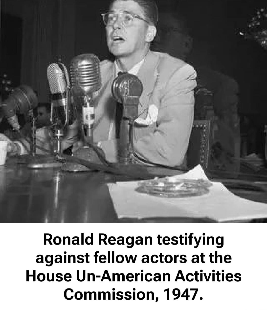 Ronald Reagan testifying against fellow actors at the House Un-American Activities Commission, 1947.