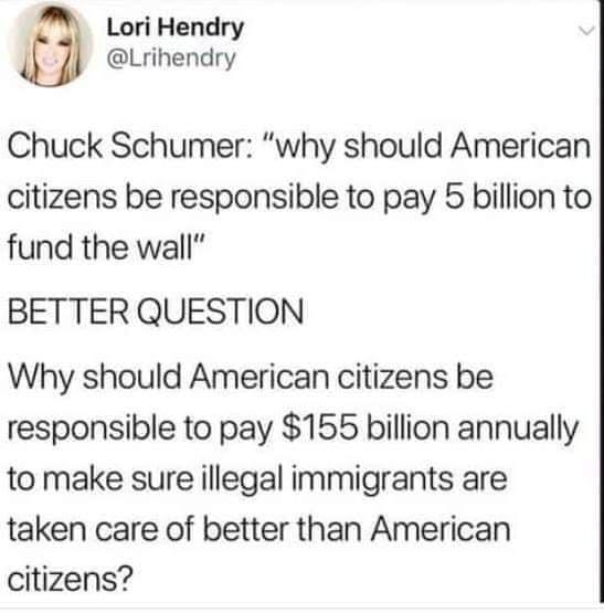 Lori Hendry Lrihendry Chuck Schumer why should American citizens be responsible to pay 5 billion to fund the wall BETTER QUESTION Why should American citizens be responsible to pay 155 billion annually to make sure illegal immigrants are taken care of better than American citizens