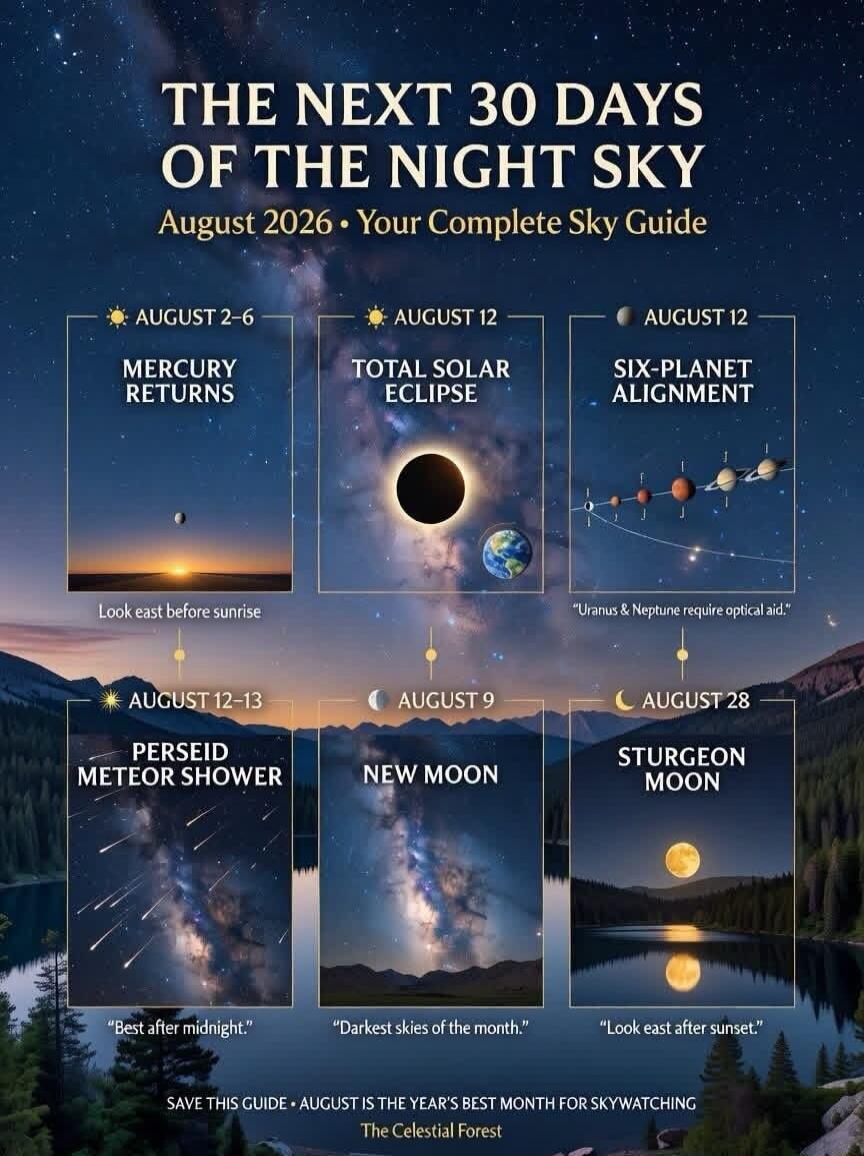 THE NEXT 30 DAYS OF THE NIGHT SKY. August 2026. Your Complete Sky Guide. August 2-6: Mercury Returns. Look east before sunrise. August 12: Total Solar Eclipse. August 12: Six-Planet Alignment. Uranus & Neptune require optical aid. August 12-13: Perseid Meteor Shower. Best after midnight. August 9: New Moon. Darkest skies of the month. August 28: St