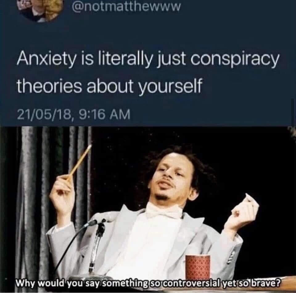 e notmatthewww Anxiety is literally just conspiracy theories about yourself 210518 916 AM