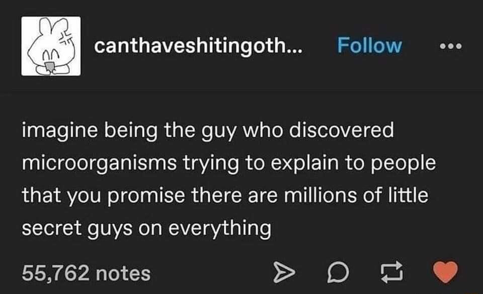 n canthaveshitingoth Follow imagine being the guy who discovered llelielelde ETGIEIy R ale ReRS el ETgR ol olTelel that you promise there are millions of little secret guys on everything 55762 notes 0D 2