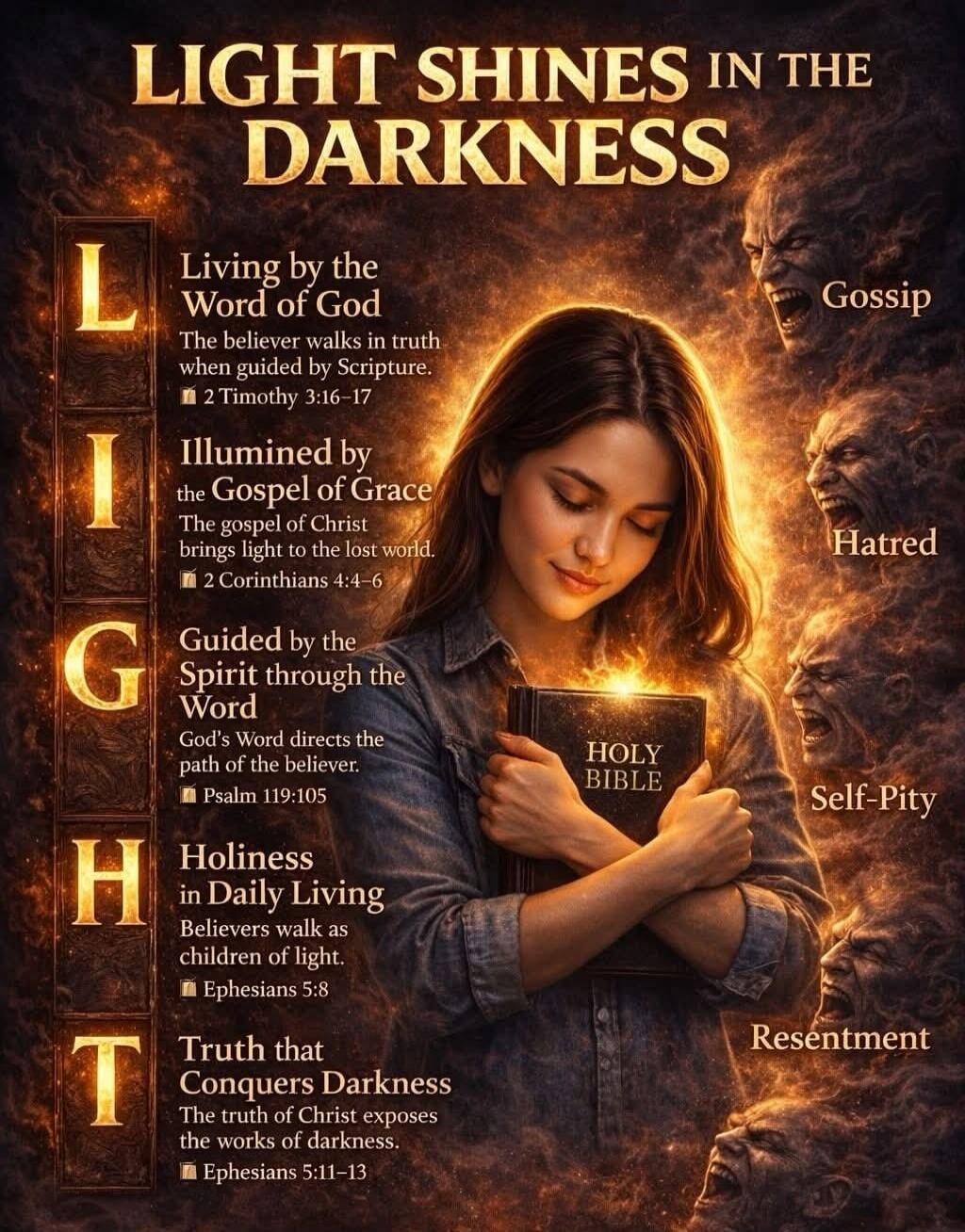 LIGHT SHINES IN THE DARKNESS. L: Living by the Word of God. The believer walks in truth when guided by Scripture. 2 Timothy 3:16-17. I: Illuminated by the Gospel of Grace. The gospel of Christ brings light to the lost world. 2 Corinthians 4:4-6. G: Guided by the Spirit through the Word. God's Word directs the path of the believer. Psalm 119:105. H: