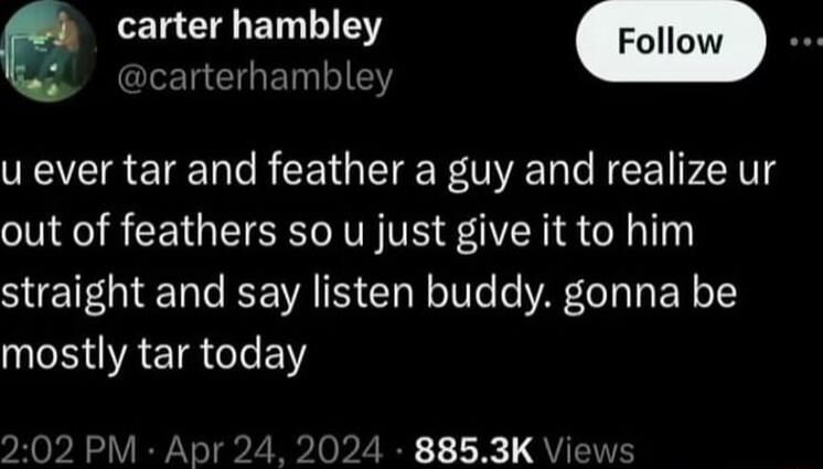 LEREET LT ARG CIGET Y u ever tar and feather a guy and realize ur out of feathers so u just give it to him SUETEO IRV Gl N oV G ER 1 mostly tar today 2 PM Apr 24 2024 8853K Views
