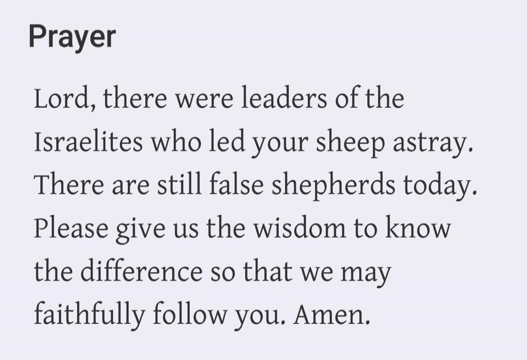 Prayer Lord, there were leaders of the Israelites who led your sheep astray. There are still false shepherds today. Please give us the wisdom to know the difference so that we may faithfully follow you. Amen.