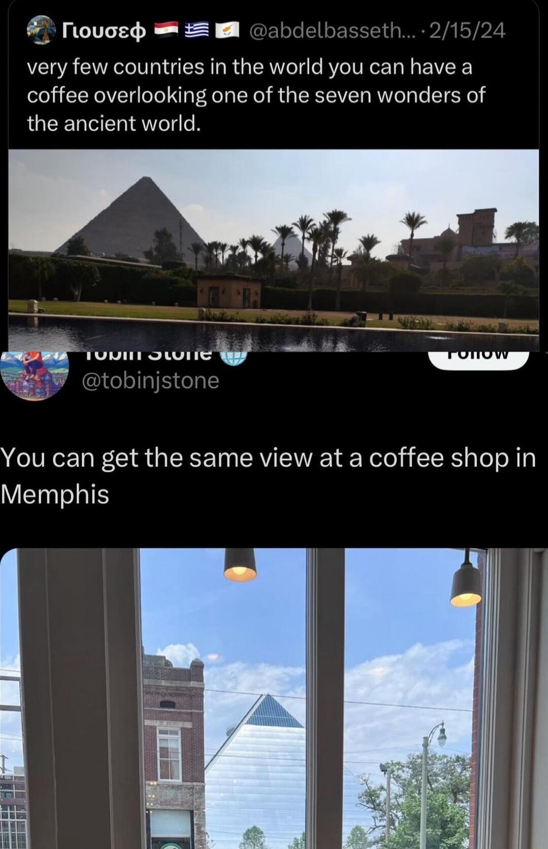 Nouced very few countries in the world you can have a coffee overlooking one of the seven wonders of the ancient world uumucv inigtor G You can get the same view at a coffee shop in IET TS