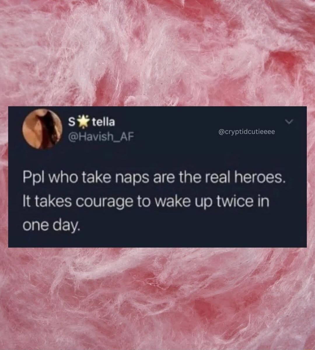 Ppl who take naps are the real heroes. It takes courage to wake up twice in one day.