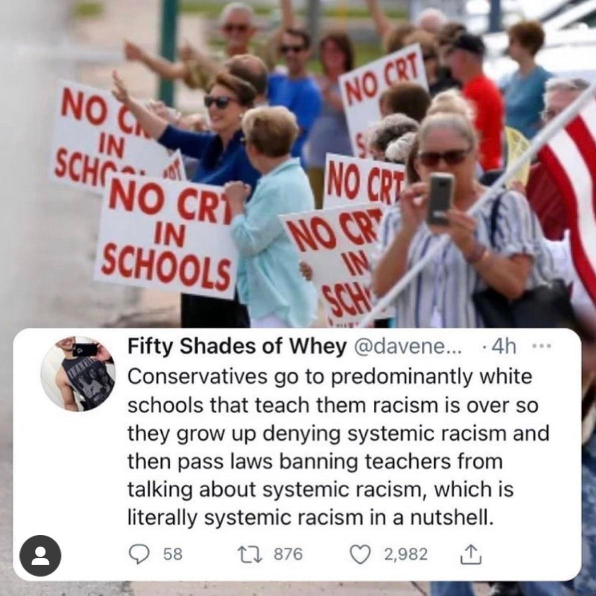 e Ve Fifty Shades of Whey davene 4h Conservatives go to predominantly white schools that teach them racism is over so they grow up denying systemic racism and then pass laws banning teachers from talking about systemic racism which is literally systemic racism in a nutshell Q 58 1 876 Q 2982 1 Rusn N