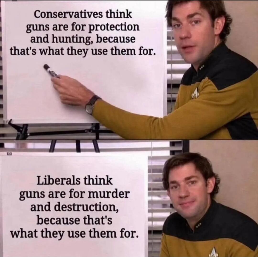 Conservatives think guns are for protection and hunting, because that's what they use them for. Liberals think guns are for murder and destruction, because that's what they use them for.