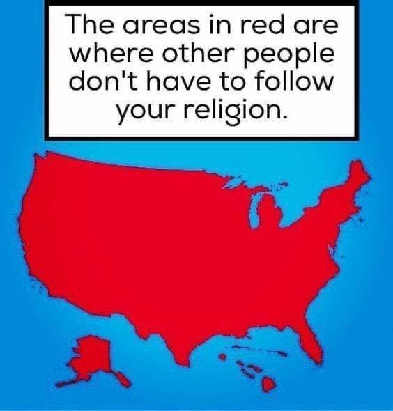 The areas in red are where other people dont have to follow your religion
