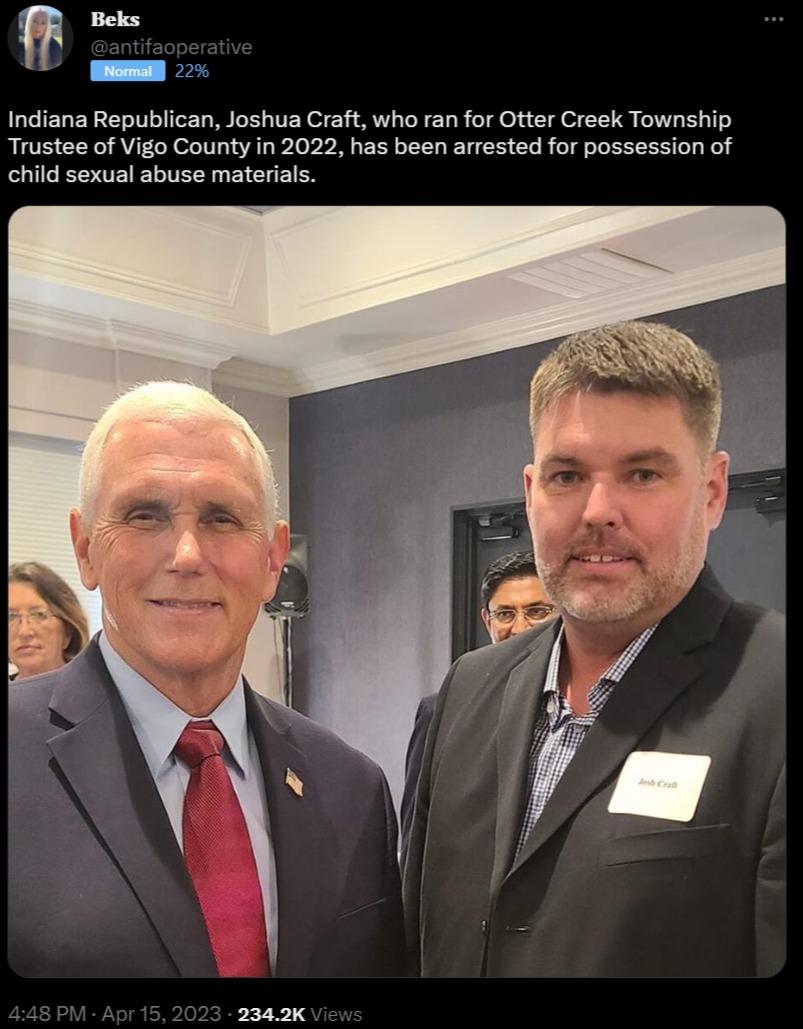 e o Indiana Republican Joshua Craft who ran for Otter Creek Township Trustee of Vigo County in 2022 has been arrested for possession of child sexual abuse materials 2382k