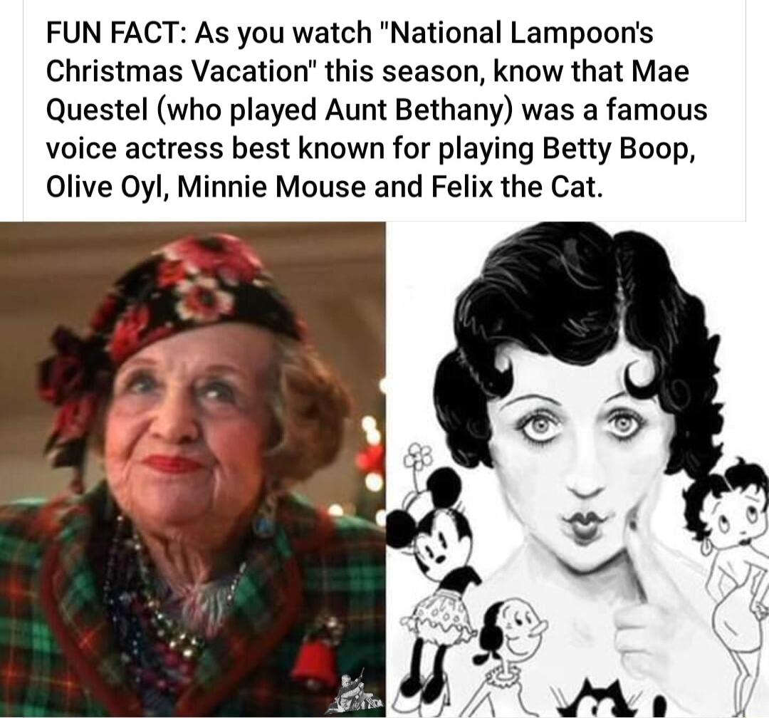 FUN FACT As you watch National Lampoons Christmas Vacation this season know that Mae Questel who played Aunt Bethany was a famous voice actress best known for playing Betty Boop Olive Oyl Minnie Mouse and Felix the Cat