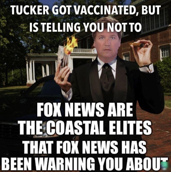 TUCKER GOT VACCINATED BUT IS TEIIING YOU NOT T0 FOX NEWS 113 THECOASTAL ELITES THAT FOX NEWS HAS BEEN WARNING YOU ABOU