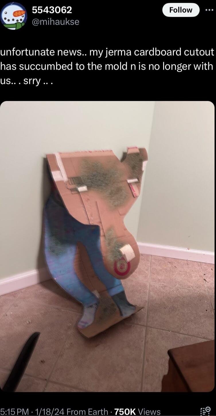 QUGETTEE unfortunate news my jerma cardboard cutout has succumbed to the mold n is no longer with US Sy