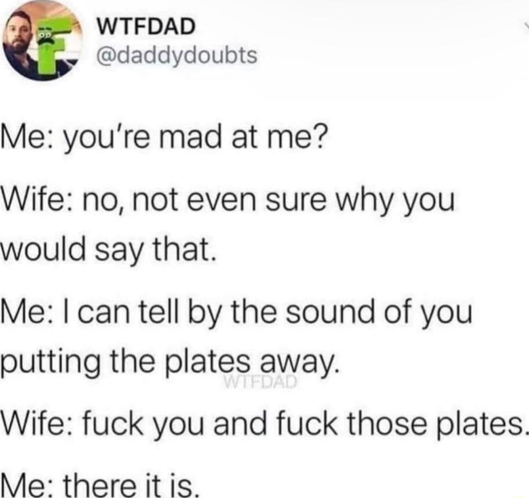 WTFDAD daddydoubts Me youre mad at me Wife no not even sure why you would say that Me can tell by the sound of you putting the plates away Wife fuck you and fuck those plates Me there it is_