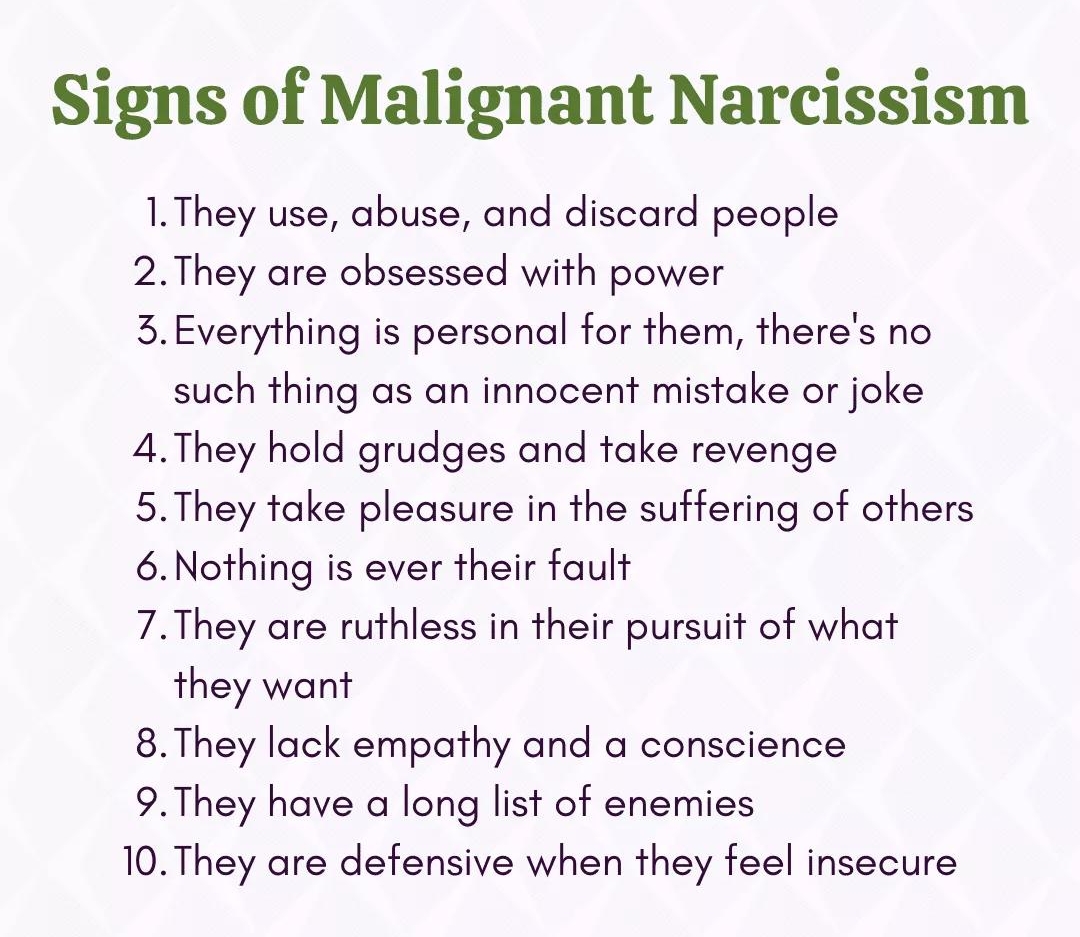 Signs of Malignant Narcissism 1They use abuse and discard people 2They are obsessed with power 3Everything is personal for them theres no such thing as an innocent mistake or joke 4They hold grudges and take revenge 5They take pleasure in the suffering of others 6Nothing is ever their fault 7They are ruthless in their pursuit of what they want 8They lack empathy and a conscience 9They have a long 