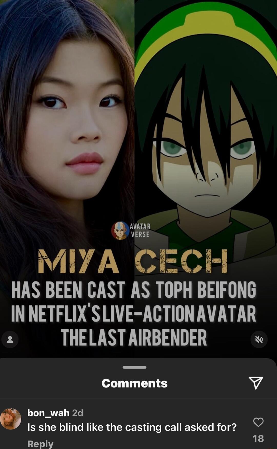 AATAR MIVA CECH HAS BEEN CAST AS TOPH BEIFONG INNETFLIXSLIVE ACTIONAVATAR THELASTARBENDER Comments 7 g bon_wah 2d Is she blind like the casting call asked for o Reply 18