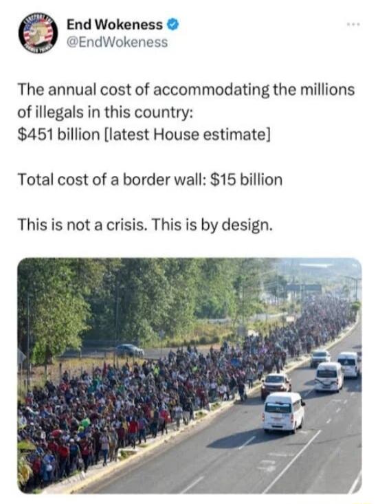 End Wokeness EndWokeness The annual cost of accommodating the millions of illegals in this country 451 billion latest House estimate Total cost of a border wall 15 billion This is not a crisis This is by design