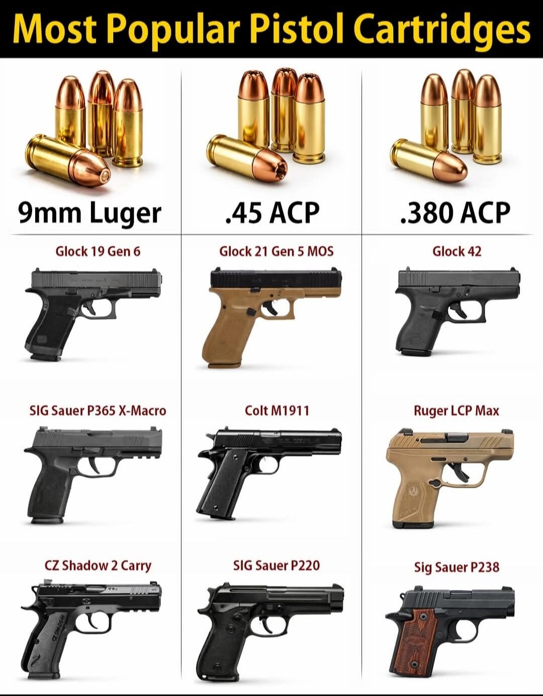 Most Popular Pistol Cartridges 9mm Luger Glock 19 Gen 6 SIG Sauer P365 X-Macro CZ Shadow 2 Carry .45 ACP Glock 21 Gen 5 MOS Colt M1911 SIG Sauer P220 .380 ACP Glock 42 Ruger LCP Max Sig Sauer P238