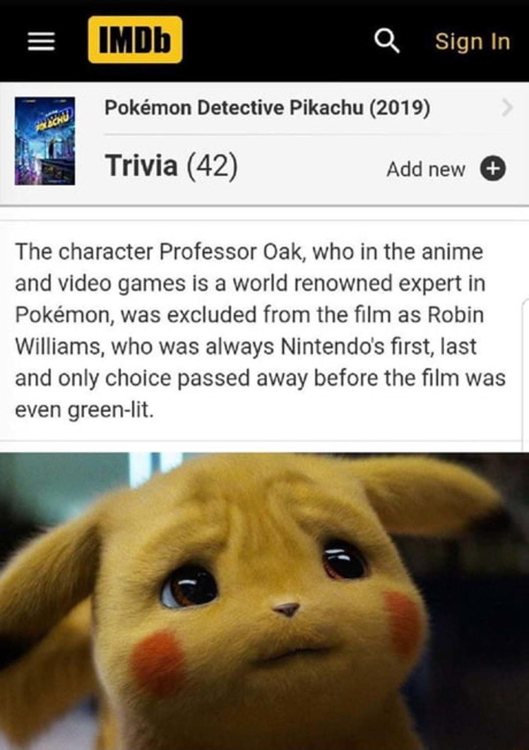 Pokmon Detective Pikachu 2019 Trivia 42 Addnew The character Professor Oak who in the anime and video games is a world renowned expert in Pokmon was excluded from the film as Robin Williams who was always Nintendos first last and only choice passed away before the film was even green lit