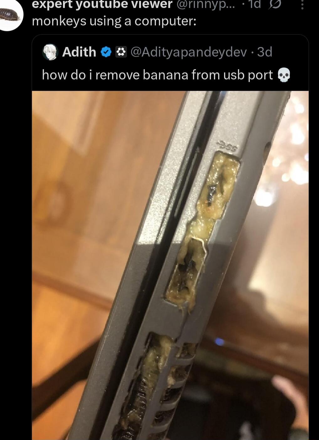 monkeys using a computer:\nAdith @Adityapandeydev · 3d\nhow do i remove banana from usb port 💀