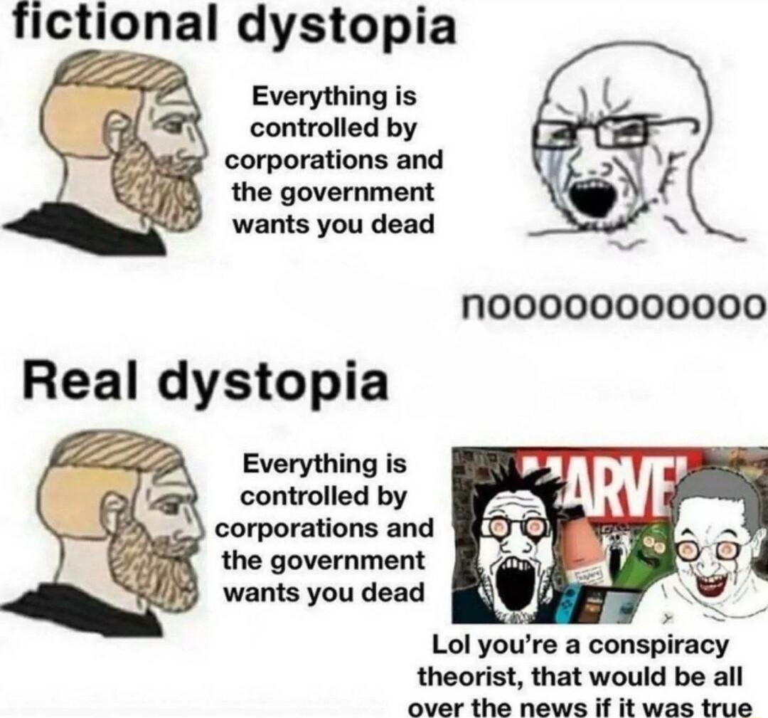 fictional dystopia Everything is controlled by corporations and the government wants you dead Nnoooo00000000 Real dystopia Everything is controlled by corporations and the government wants you dead Lol yoll rea consplnscy theorist that would be all over the news if it was true