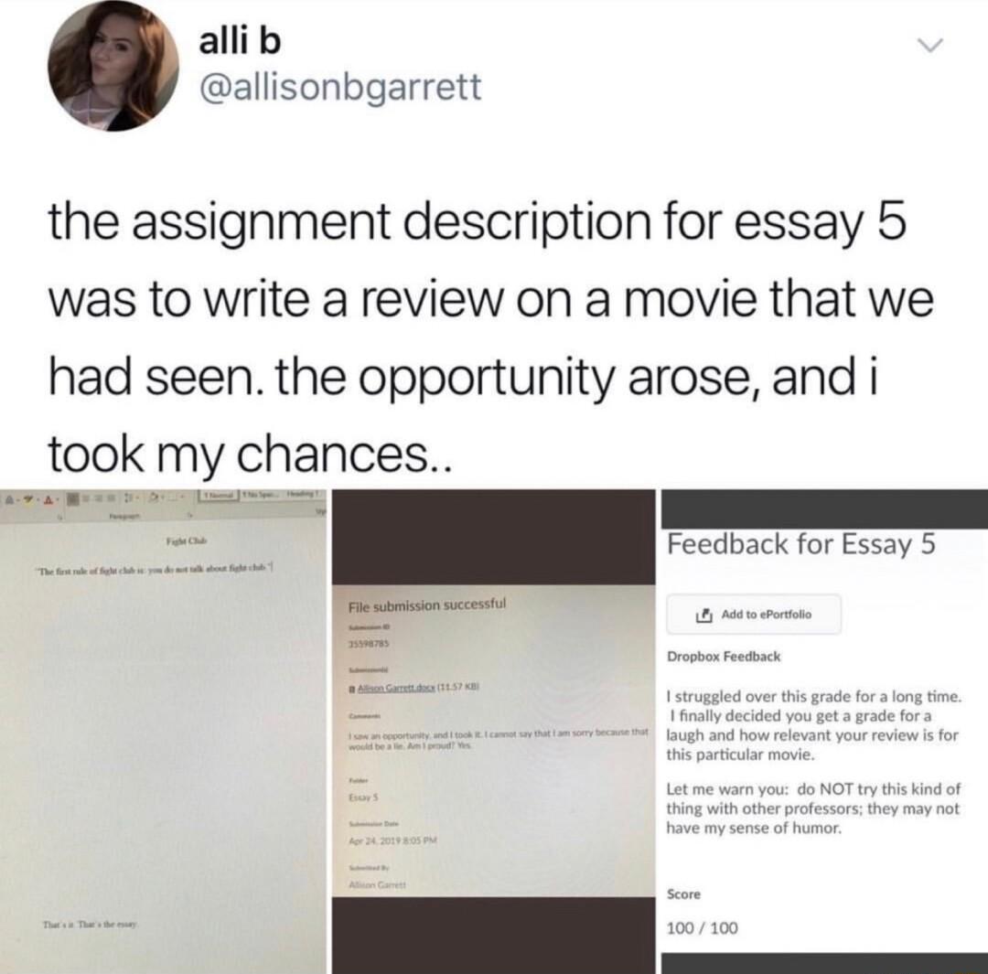 allib allisonbgarrett the assignment description for essay 5 was to write a review on a movie that we had seen the opportunity arose and i took my chances m